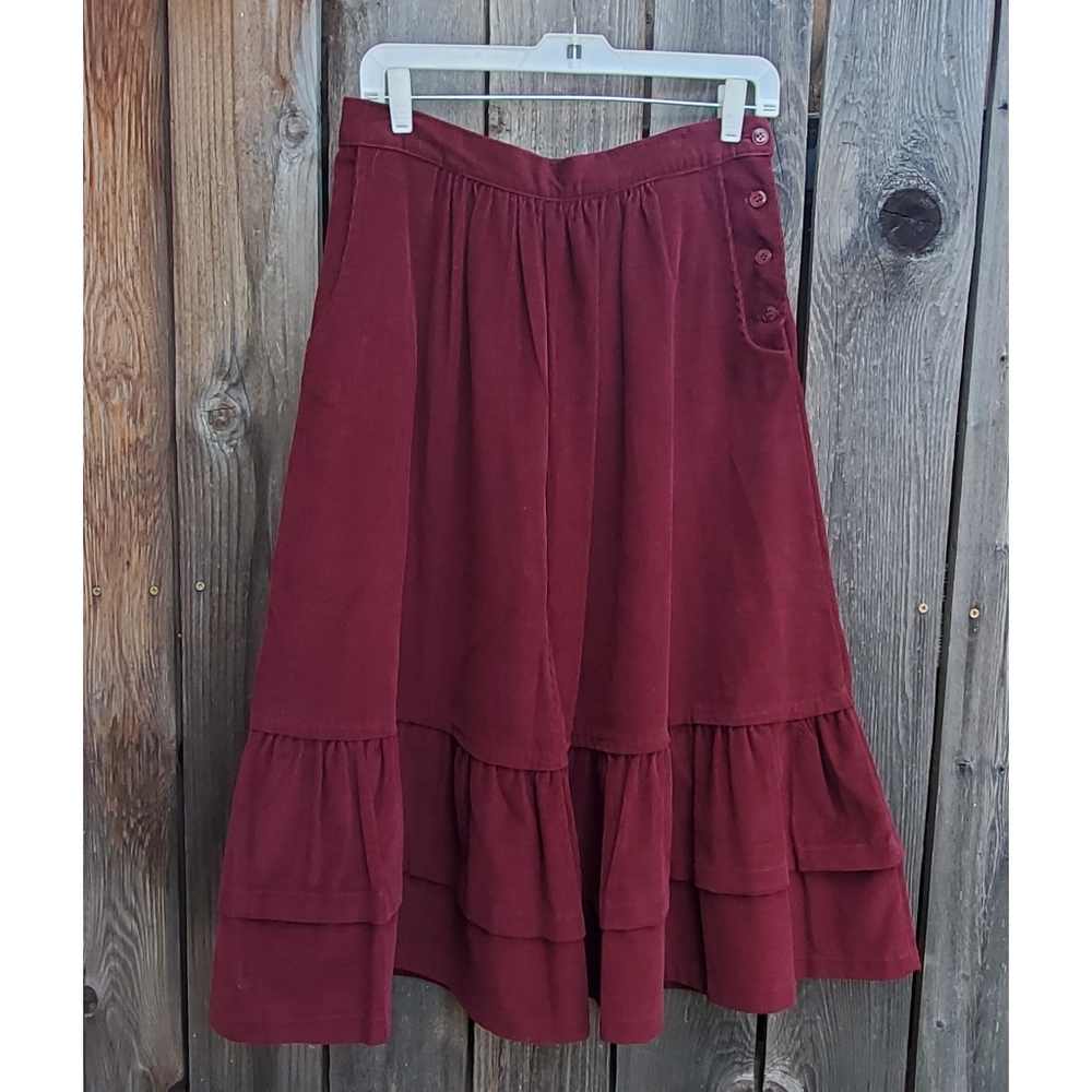 Vintage Corduroy Maroon Tiered Skirt